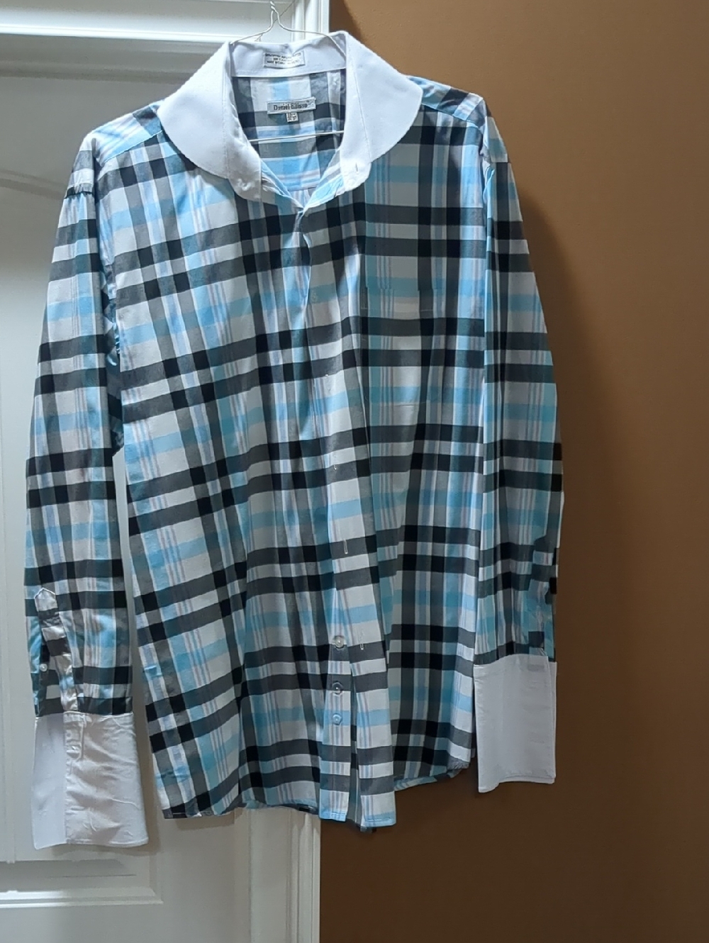 Men's Blue Plaid Button-Up Shirt with White Contrast Collar And Cuffs Sz 18.5